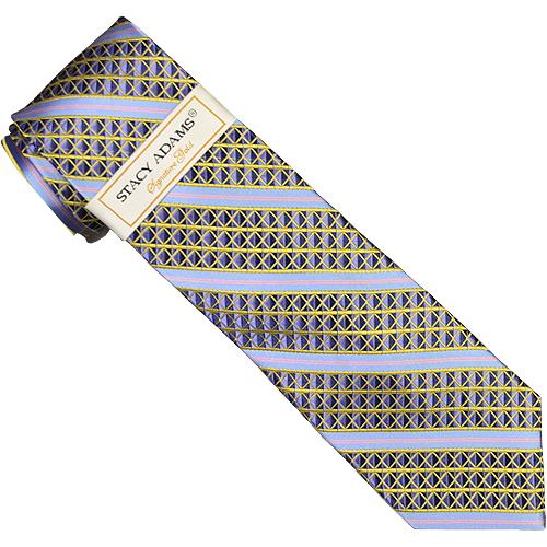 Stacy Adams Collection SA077 Violet / Gold / Pink Diagonal Rectangular Striped 100% Woven Silk Necktie/Hanky Set
